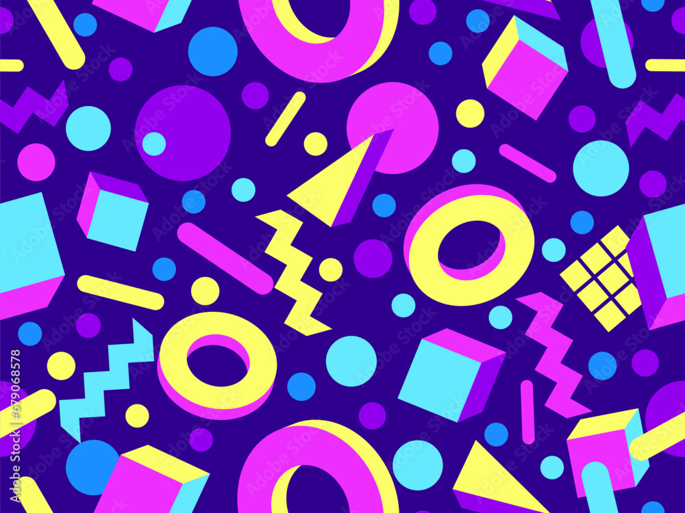 Fototapeta premium 3D geometric seamless pattern in 80s style. 3d isometric triangles, zigzags and circles. Geometric memphis style. Design for promotional products, wrapping paper and printing. Vector illustration