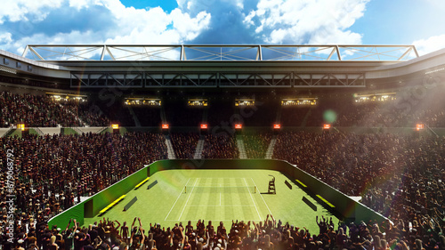 Aerial view of empty tennis court, open air stadium with flashlights, sport fans tribune. Daytime game. Concept of sport, competition, game, activity, championship, match. 3D render