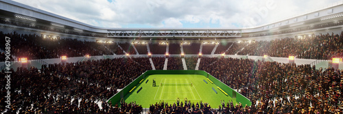 Waiting for the game. Top view of empty tennis court, arena with net, sport fans tribune with people. Open air stadium. Concept of sport, competition, game, activity, championship, match. 3D render