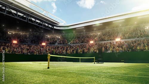 Empty tennis court with grass surface, net and sport fans sitting on tribune, waiting for game start. Open air stadium with flashlights. Sport, game, activity, championship, match concept. 3D render
