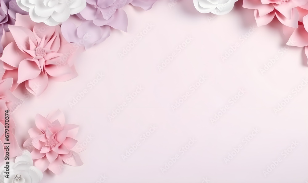 Banner with flowers on light pink background. Greeting card template for Wedding, copy space. Generative AI
