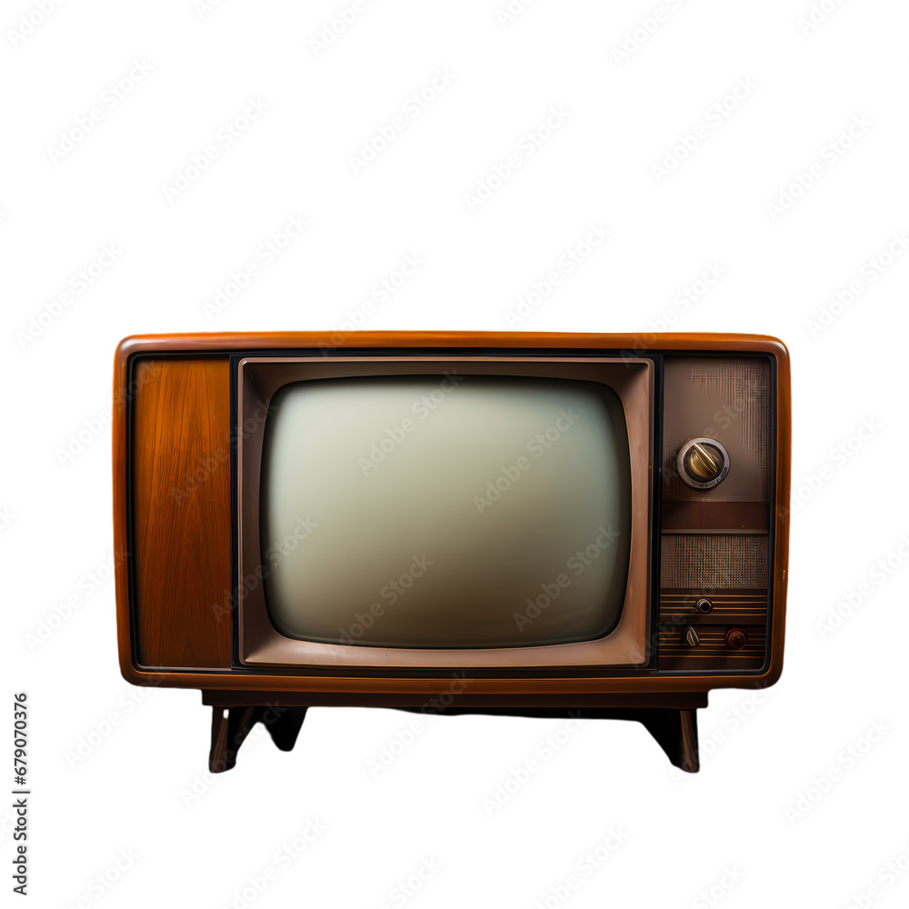 Old brown wooden tv sixties on transparent background, isolated, commercial photography