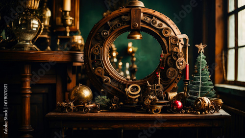 Steampunk Christmas decorations and paraphernalia. Decorations, wreaths on the door with a bell
