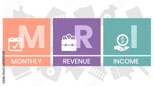 MRI, Monthly Revenue Income. Concept acronym with keywords and icons. Flat vector illustration. Isolated on white background.