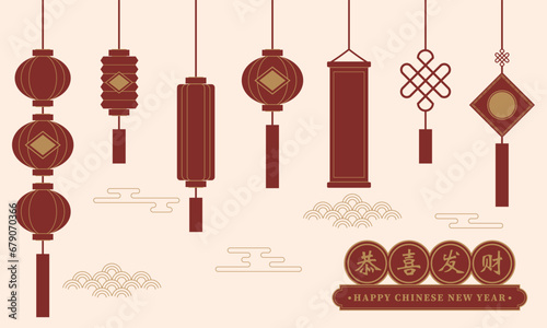 Hand drawn element illustration set of Asian Chinese traditional red and gold hanging lantern decoration for celebreation and Chinese New Year. For poster, card, tag, invitation, media, web