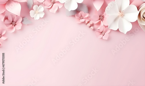 Banner with flowers on light pink background. Greeting card template for Wedding, copy space. Generative AI © PSCL RDL