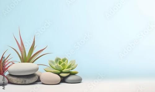 beautiful succulent plants and round decoration pebbles arranged on top left corner of light pastel background. Generative AI