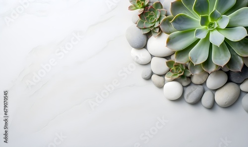 beautiful succulent plants and round decoration pebbles arranged on top left corner of light pastel background. Generative AI