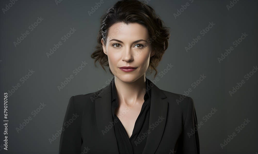 businesswoman in 40s with light grey background, brown hair, copy space. Generative AI businesswoman in 40s with light grey background, brown hair, copy space. Generative AI