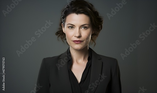 businesswoman in 40s with light grey background, brown hair, copy space. Generative AI
