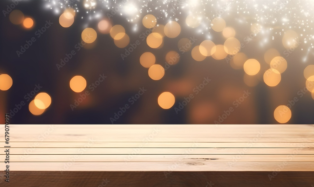 Empty woooden table top with abstract warm living room decor with christmas tree string light blur background with snow, copy space. Generative AI Empty woooden table top with abstract warm living room decor with christmas tree string light blur background with snow, copy space. Generative AI