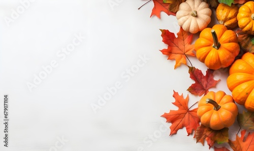Fall background with orange pumpkins and fall leaves on a light surface. Generative AI