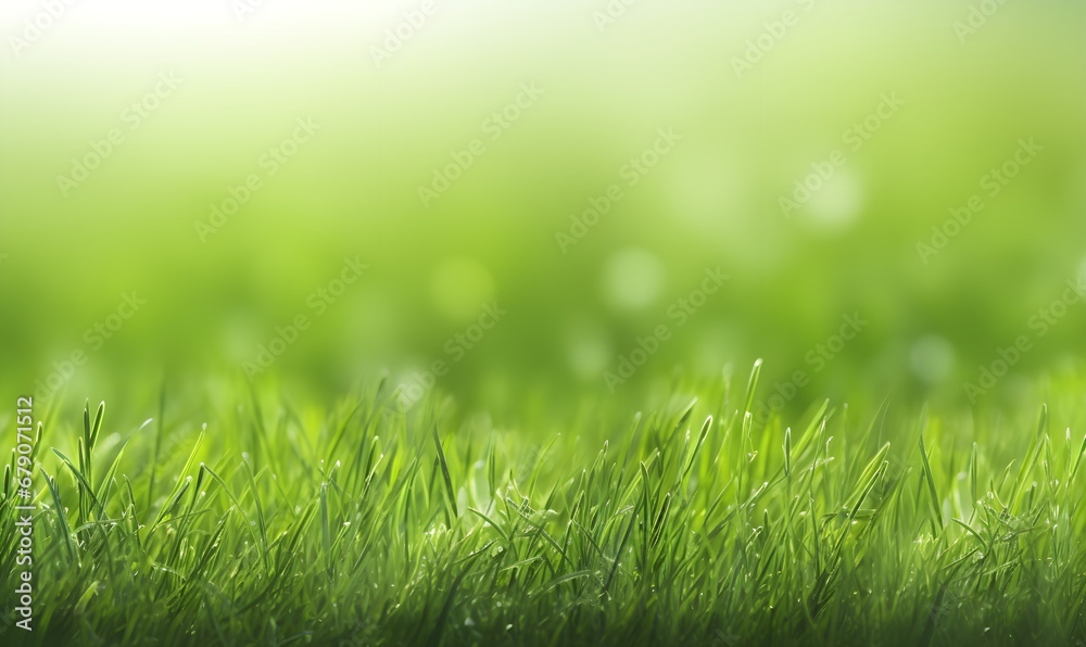 Obraz premium Lush green grass meadow background, copy space. Generative AI