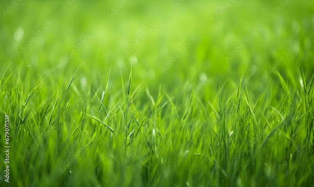 Fototapeta premium Lush green grass meadow background, copy space. Generative AI