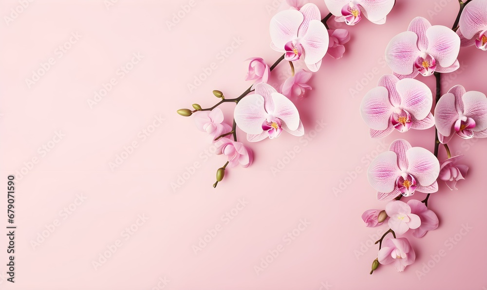 Orchid flowers on pale pink background. Creative lifestyle, summer, spring concept. Copy Space. Generative AI