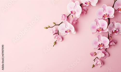 Orchid flowers on pale pink background. Creative lifestyle, summer, spring concept. Copy Space. Generative AI