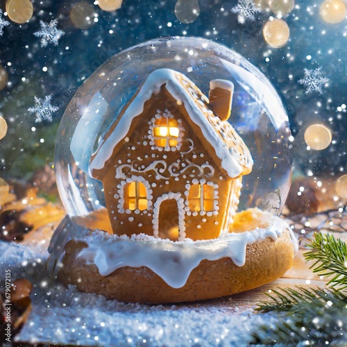 Szklana kula z zamkniętym w środku z domkiem z piernika. Świąteczny klimat, prószący śnieg i błyszczące światełka. świąteczne tło, abstrakcja, miejsce na tekst. 