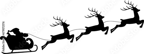Silhouette o  flying reindeer Santa Claus sleigh. Transparent background illustration. photo