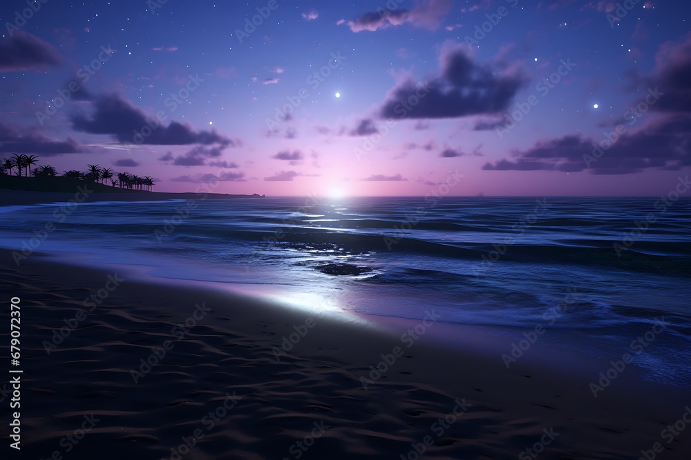 sunset over the sea. moon over the ocean beach. waves on the beach, Beach adventure concept