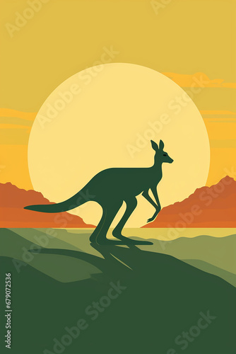 Minimal poster featuring the iconic image of a kangaroo in motion  with subtle shadows and highlights   against a background of national green and gold  