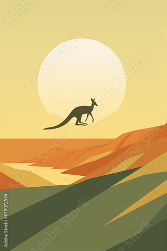 Minimal poster featuring the iconic image of a kangaroo in motion  with subtle shadows and highlights   against a background of national green and gold  