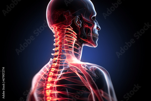 Human neck and spine pain, x-ray image in neon colors.