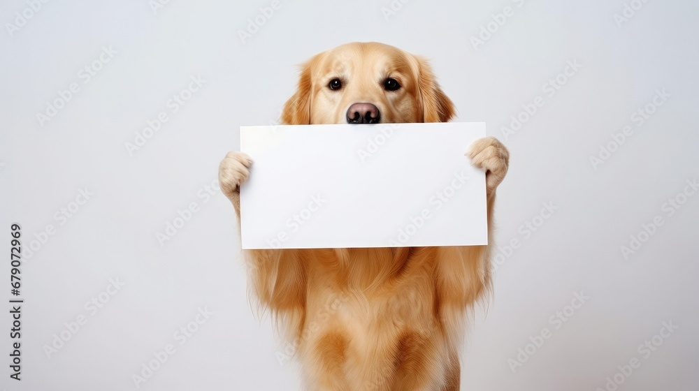 Happy smiling  dog sitting on white holding blank sign to enter your messag