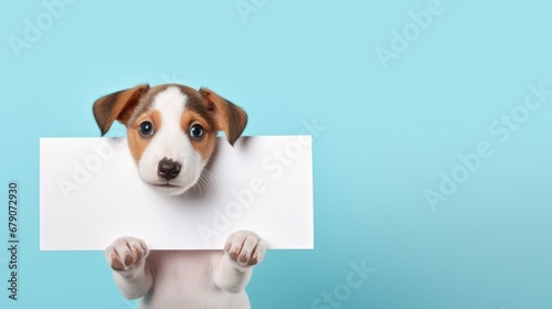 Happy smiling  dog sitting on white holding blank sign to enter your messag © suthiwan