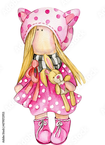 Watercolor hand drawn doll Tilda in dress. Hand drawn watercolor illustration . Design for baby shower party, birthday, cake, holiday celebration design, greetings card, invitation, stickers, posters.