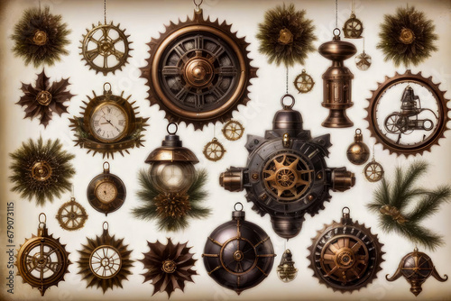 Steampunk Christmas decorations and paraphernalia. Decorations, wreaths on the door with a bell