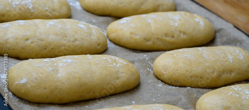 Surowe drożdżowe bułeczki rosną na blaszce do pieczenia w piekarni