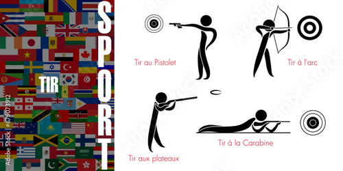 Ensemble de pictogrammes représentant les 4 disciplines sportives avec des armes - Texte sur un fond de drapeaux mondiaux, Traduction : sport, tir.