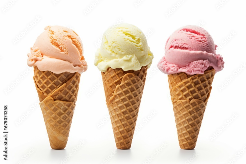 Ice cream flavors with cone on white background Ice cream flavors with cone on white background