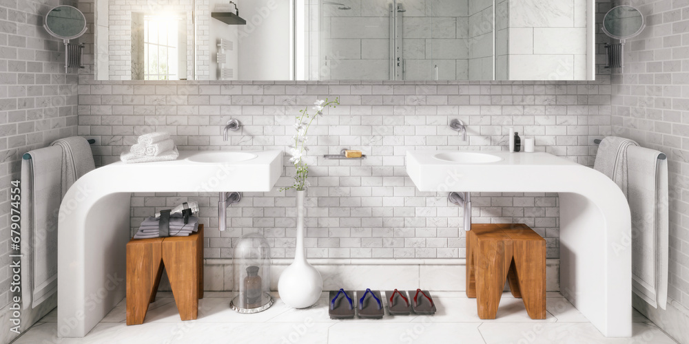 Modernes Badezimmer mit zwei Waschbecken und weißen Fliesen - 3D Visualisierung - obrazy, fototapety, plakaty 