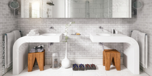 Modernes Badezimmer mit zwei Waschbecken und weißen Fliesen - 3D Visualisierung