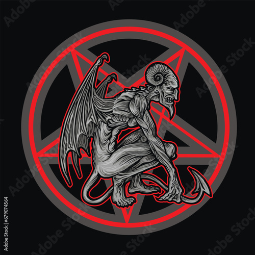 occultic sign with pentogram and demon, grunge vintage design t shirts