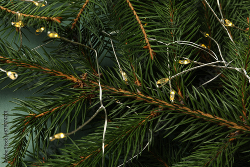 Christmas tree branches and garland on green background  close up