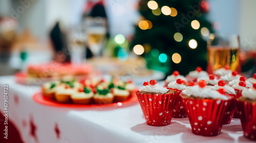 Christmas cupcakes on festive table, shallow field of view.
