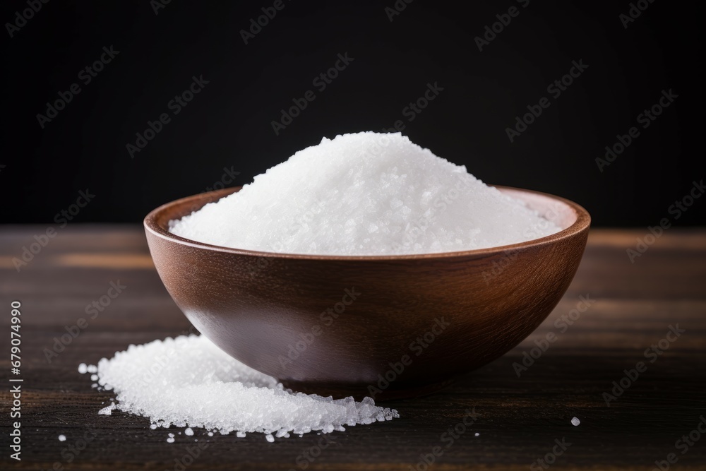 A bowl of salt on a wooden table, dark background A bowl of salt on a wooden table, dark background