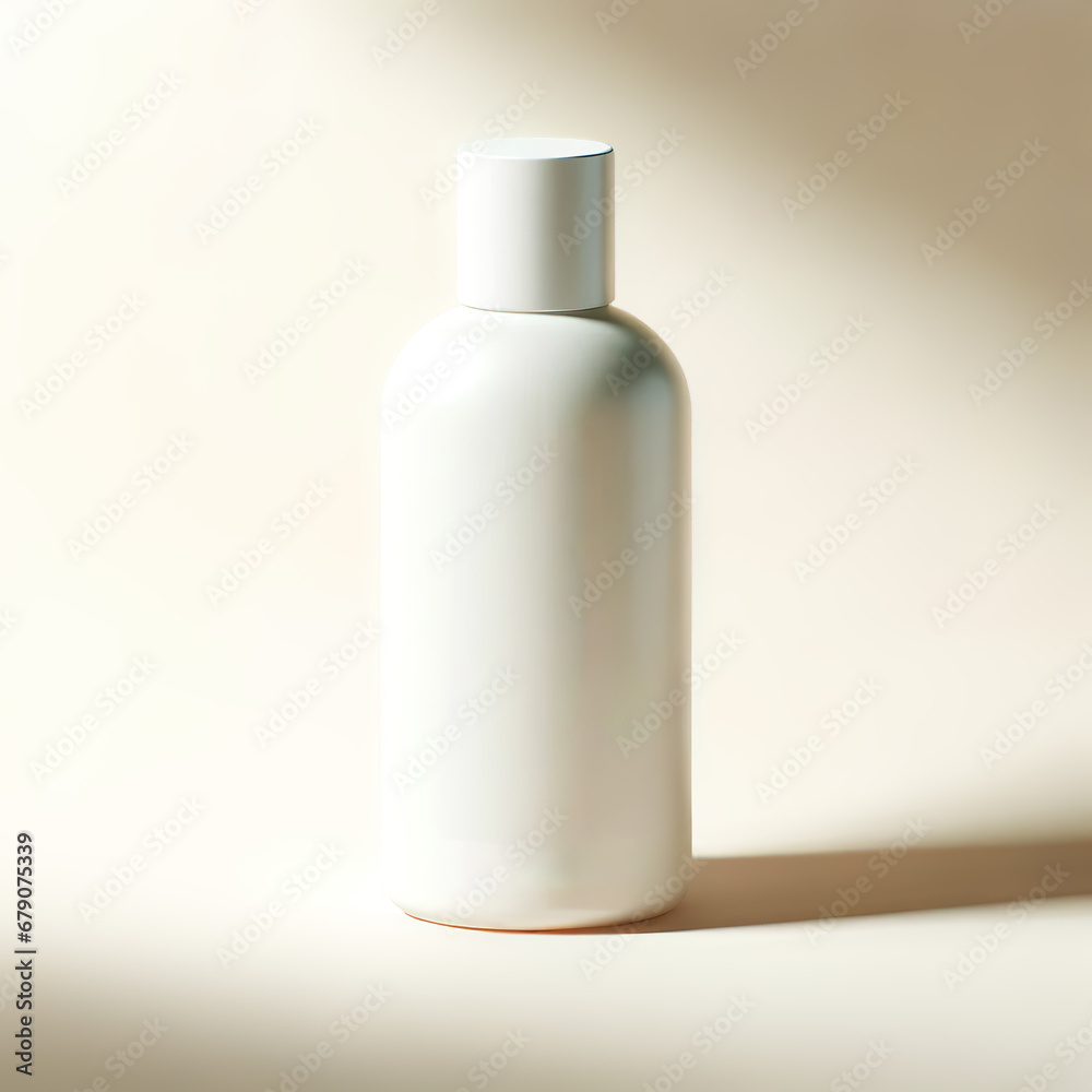 white bottle of cosmetic product on a light beige background. The bottle has a clean, modern design suitable for a skincare product, generative ai