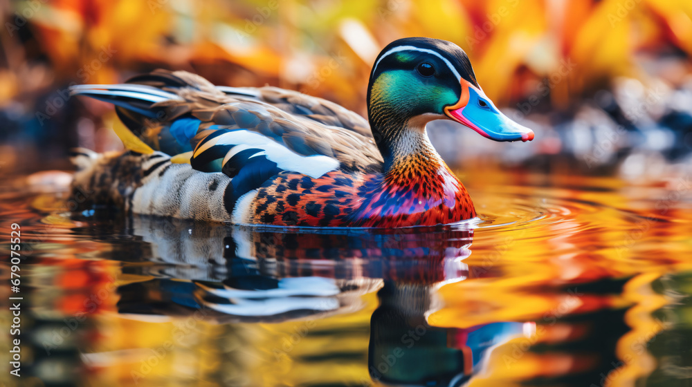 Wild variegated waterfowl duck on swamp water close - obrazy, fototapety, plakaty 