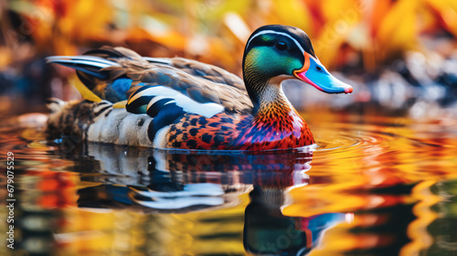 Wild variegated waterfowl duck on swamp water close photo