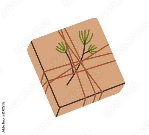 Christmas gift box design. Holiday present box with twine and winter fir bran...