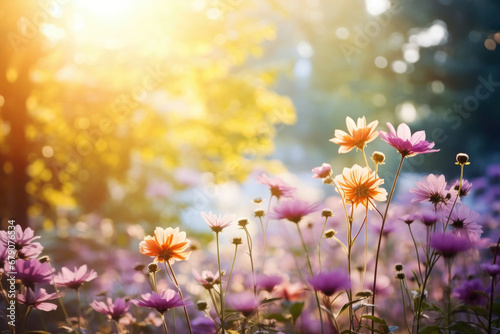 Colorful flower meadow with sunbeams and bokeh lights in summer - nature background 