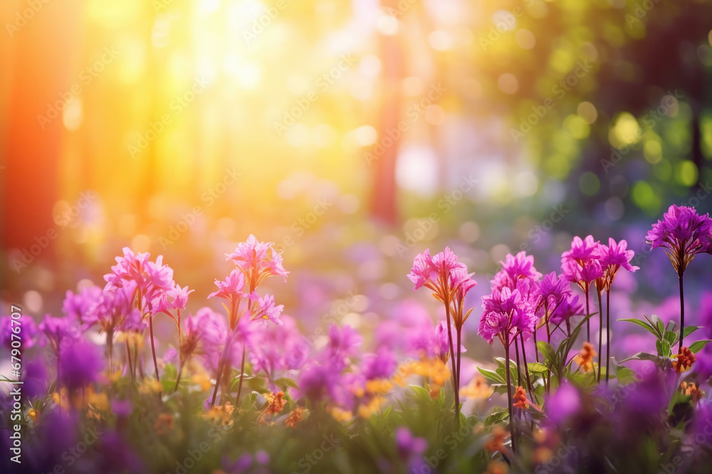 Colorful flower meadow with sunbeams and bokeh lights in summer - nature background 