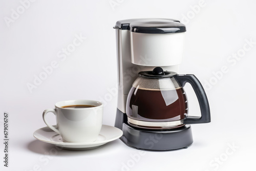 A modern coffee maker, ready to brew a steaming cup of morning coffee, with a black and metallic design that adds a touch of elegance to your kitchen.