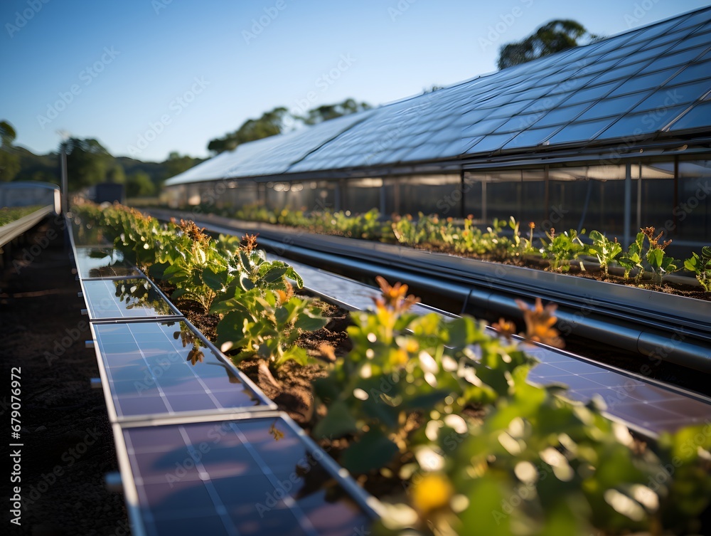 Fototapeta premium solar panels installed on greenhouses, representing the commitment to environmental care through renewable energy sources. This eco-friendly approach highlights the integration of solar energy.