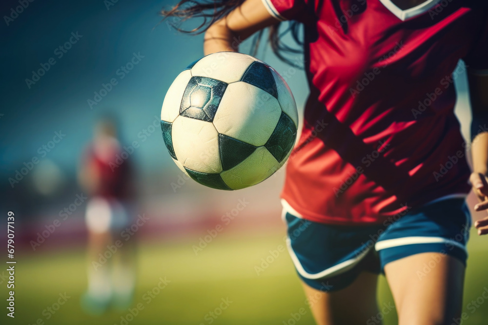 Fototapeta premium Female soccer player with ball close up