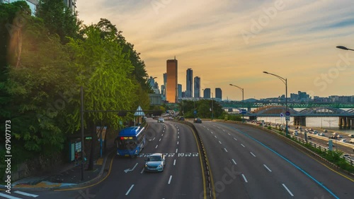 Time-lapse 4k Sunset 63 on the expressway bridge and Han River at the city in Seoul, South Korea, October 2, 2024.