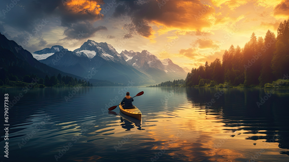 Young woman kayaking in crystal lake background alps mountains, woman canoe with mountains on a lake at sunset - obrazy, fototapety, plakaty 
